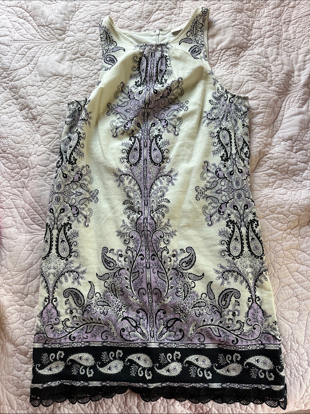 Sleeveless Paisley Print Tank Dress in Cream, Lavender & Black